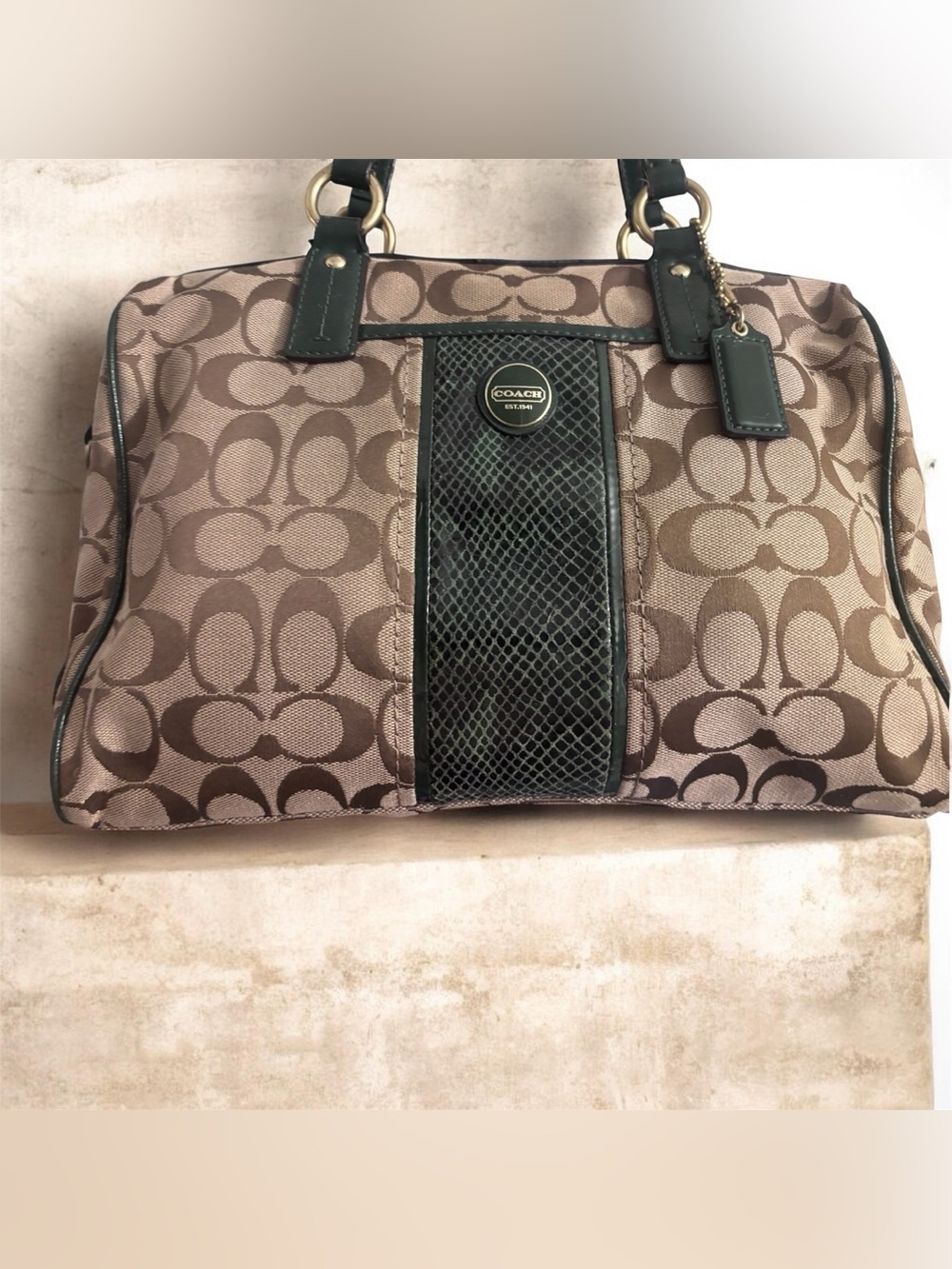 Vintage Coach Signature Satchel with Dark Green Faux Snake Skin